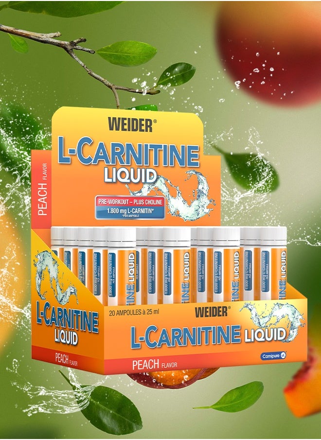 L-Carnitine liquid, Pre workout, Plus choline, 1.800 mg L-carnitine, 20 Ampoules x 25 ml, Peach flavour