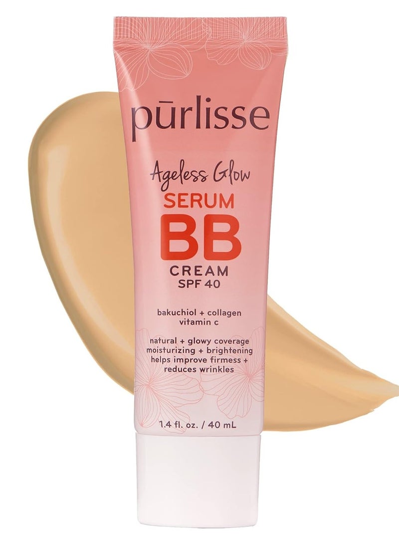 pūrlisse Ageless Glow Serum BB Cream SPF 40 : Clean & Cruelty-Free, Full & Flawless Coverage, Hydrates with Collagen | Light Medium 1.4oz