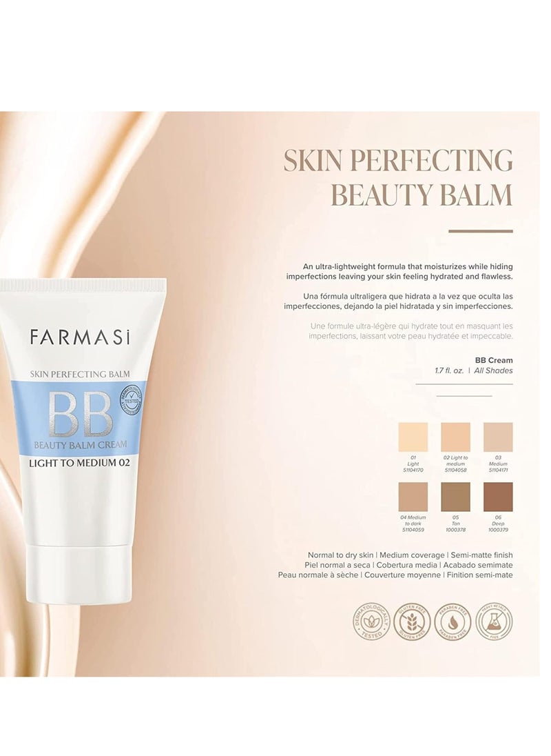 FARMASi Make Up BB Cream Beauty Balm, Full-Coverage Foundation, Concealer, Moisturizer BB Cream for All Skin Types, 1.7 fl. oz. / 50 ml (Light to medium)