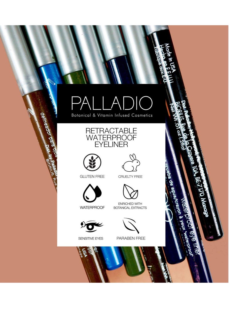 Palladio Retractable Waterproof Eyeliner, Richly Pigmented Color and Creamy, Slip Twist Up Pencil Eye Liner, Smudge Proof Long Lasting Application, All Day Wear, No Sharpener Required, Pure Black