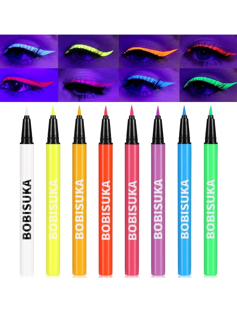 BOBISUKA 8 Colors UV Neon Liquid Eyeliner Set, Matte Colored Eyeliners Pen, Colorful Waterproof Smudge-proof Pigmented Graphic Liners, Delineadores de Colores Para Ojos Eye Makeup Gift Kit