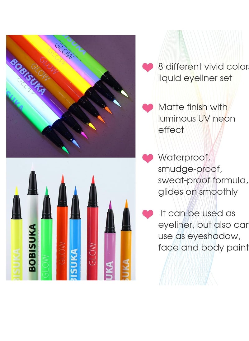 BOBISUKA 8 Colors UV Neon Liquid Eyeliner Set, Matte Colored Eyeliners Pen, Colorful Waterproof Smudge-proof Pigmented Graphic Liners, Delineadores de Colores Para Ojos Eye Makeup Gift Kit