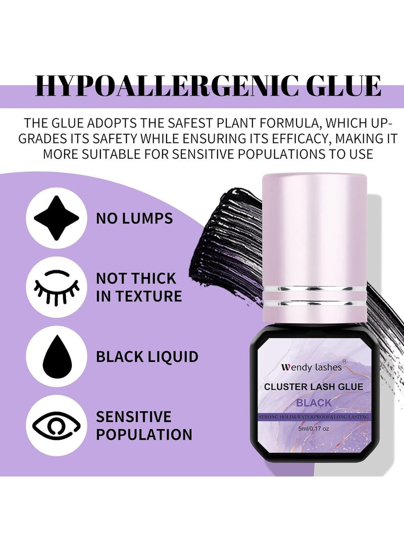 Lash Glue Cluster Eyelash Glue Black Sensitive Lash Glue Fast Drying Waterproof Lash Glue Individual Lash Glue Long Lasting DIY Lash Extension Glue Strong Hold Eyelash Glue for Lash Extensions(5ML)