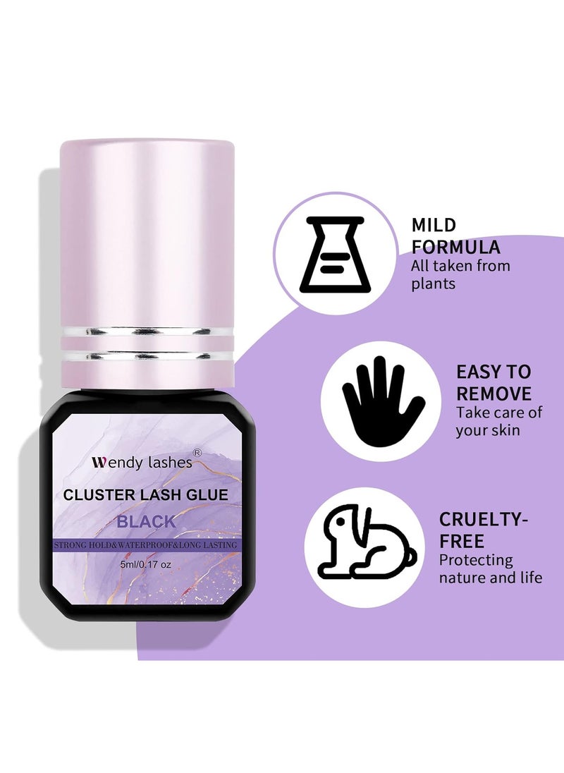Lash Glue Cluster Eyelash Glue Black Sensitive Lash Glue Fast Drying Waterproof Lash Glue Individual Lash Glue Long Lasting DIY Lash Extension Glue Strong Hold Eyelash Glue for Lash Extensions(5ML)