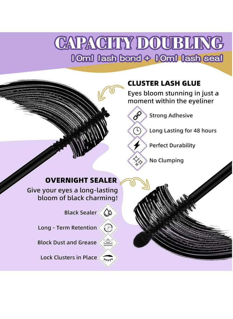 Lash Bond and Seal Cluster Lash Glue 10ML+10ML Lash Clusters Overnighter Lash Bond Lash Sealer for Cluster Lashes Waterproof Glue Longer Life Coating -2PCS