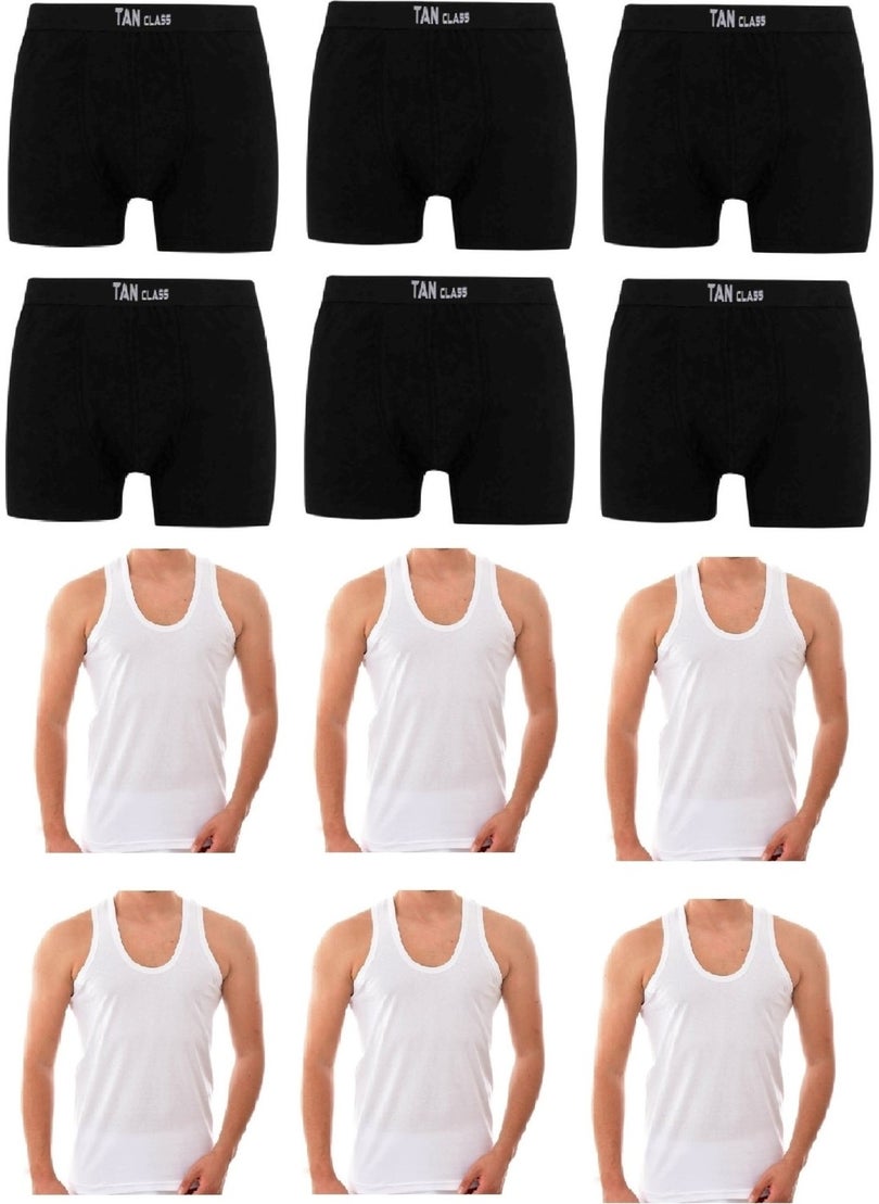 Economic Package 6 Pieces Black Lycra Boxers, 6 Pieces Classic White Undershirts Flexible Fabric, Slim Fit