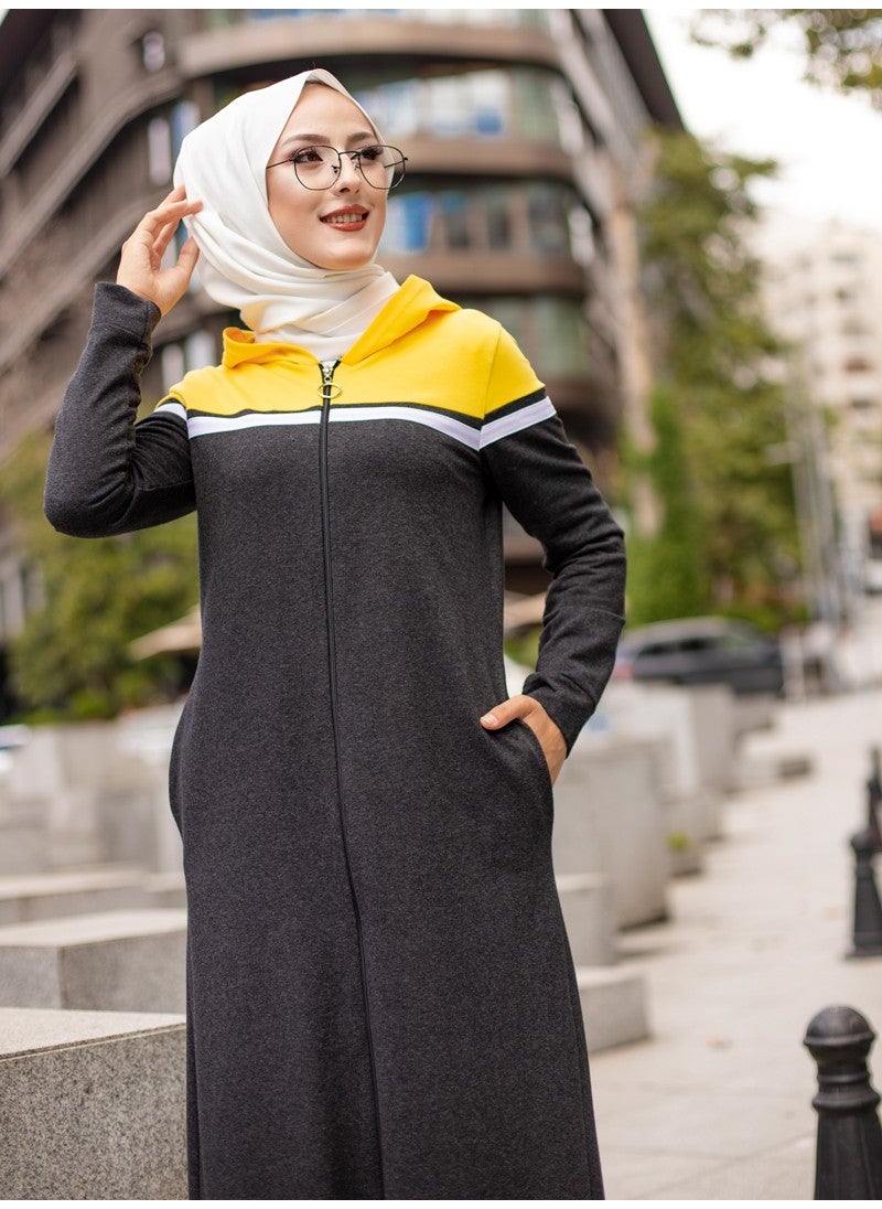 Zippered Sports Abaya - Anthracite Mustard -