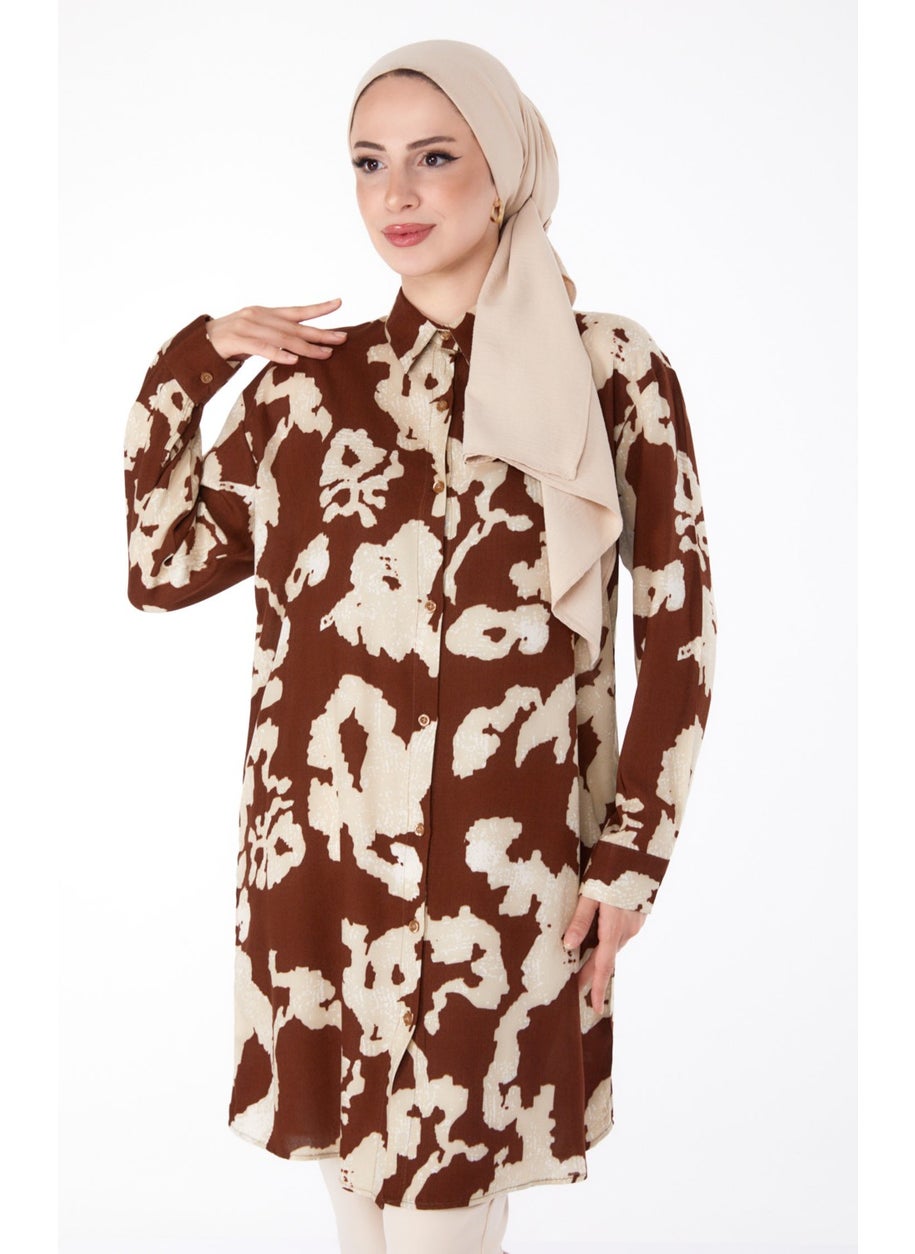 Plain Shirt Collar Women's Brown Patterned Tunic - 25605