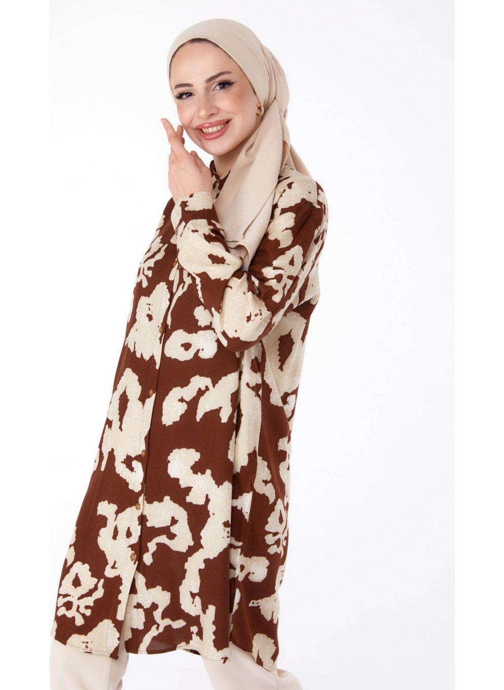 Plain Shirt Collar Women's Brown Patterned Tunic - 25605