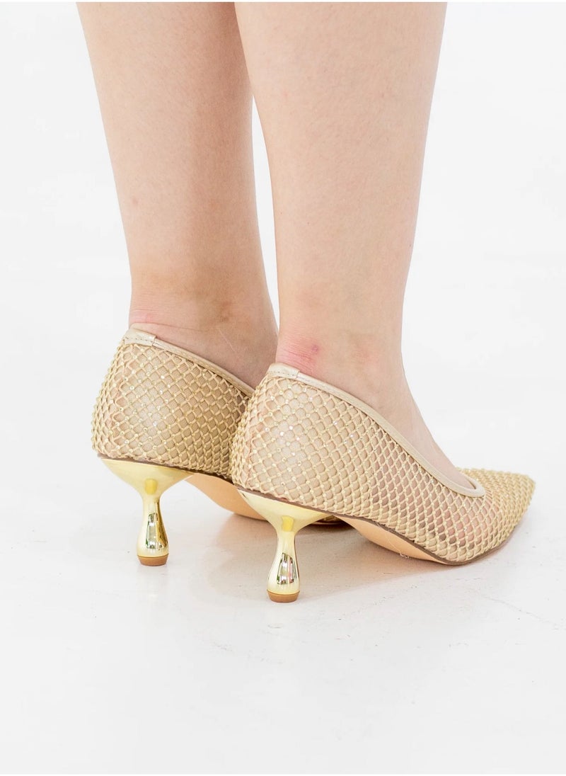 Tahira low heel netted diamnte shoe with diamante gold