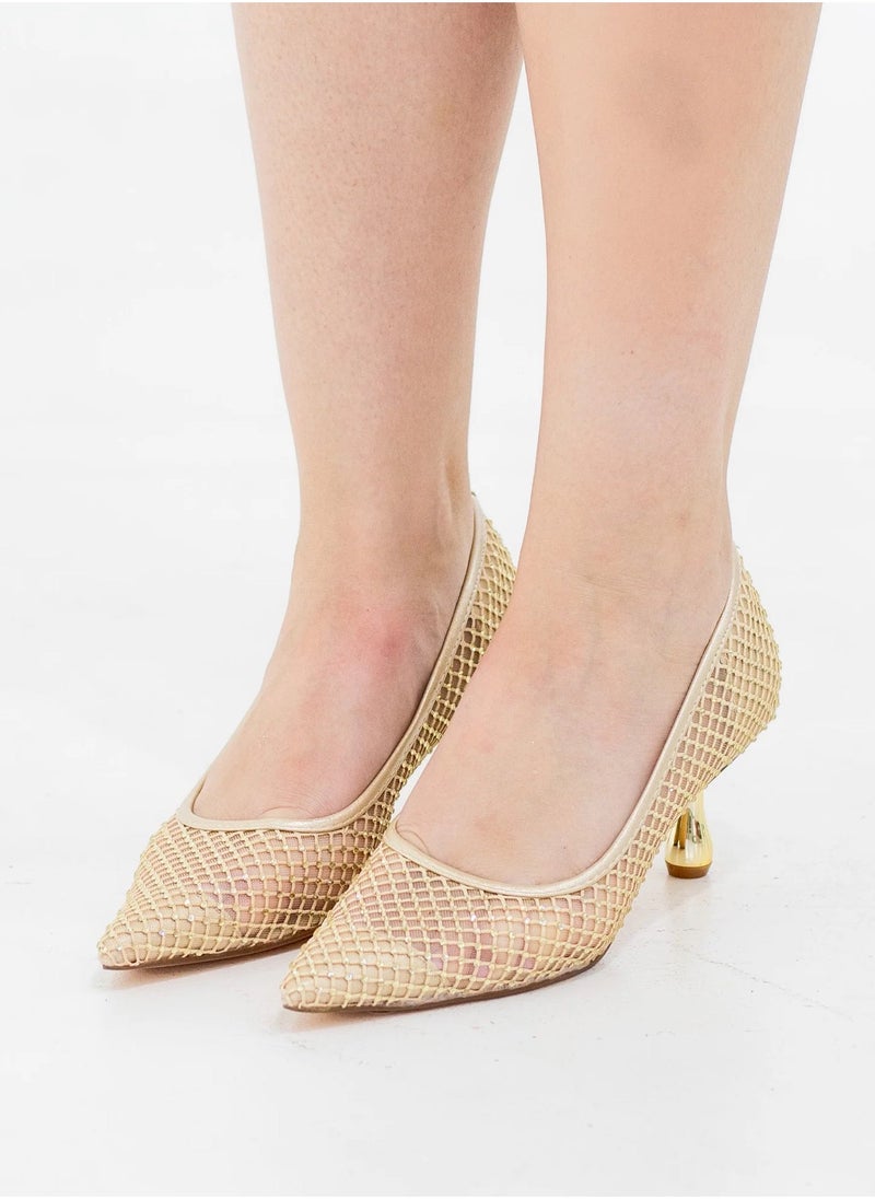 Tahira low heel netted diamnte shoe with diamante gold