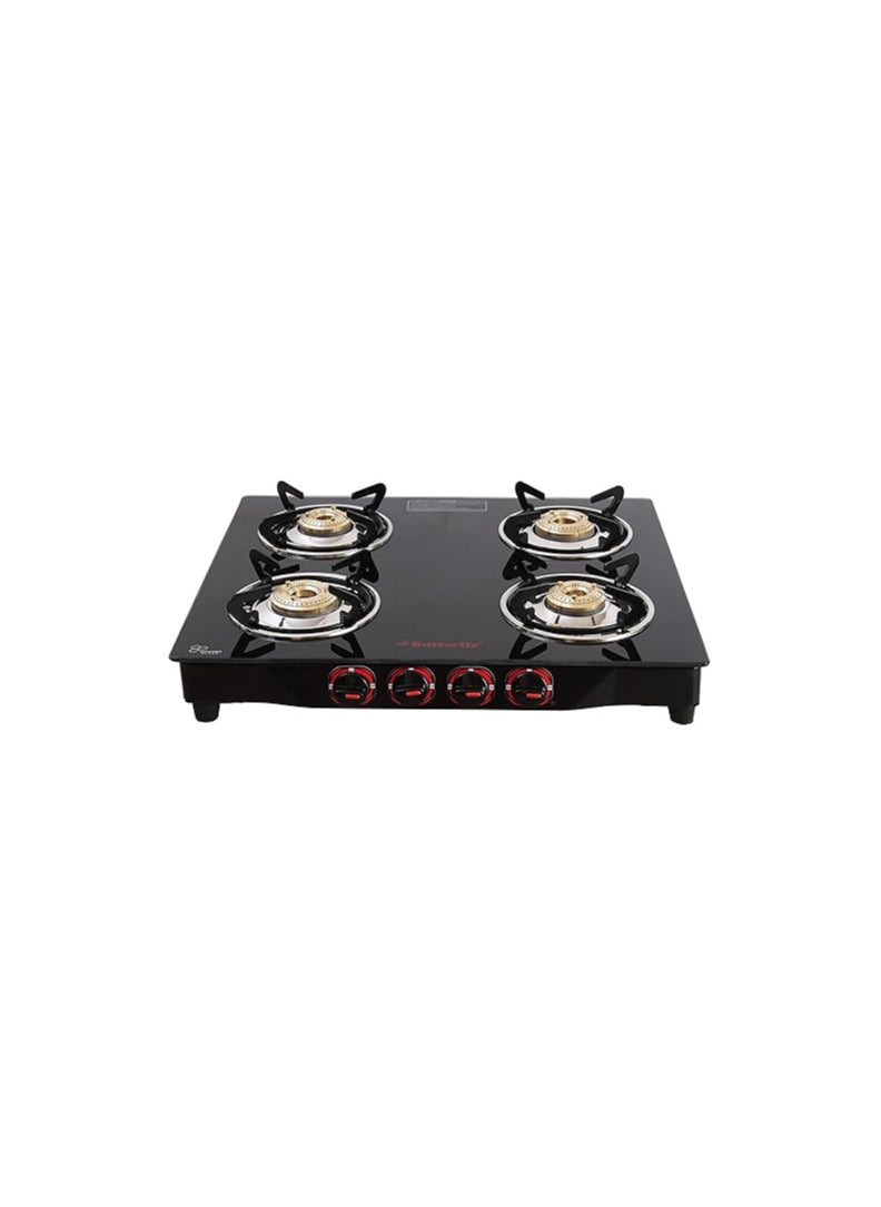 Butterfly Smart 4 Burner Glass Top Gas Stove | Manual Ignition | Scratch Resistant Toughened Glass | Brass Burners | Skid-proof Legs | 1 Year Manufacturer's Warranty | Black