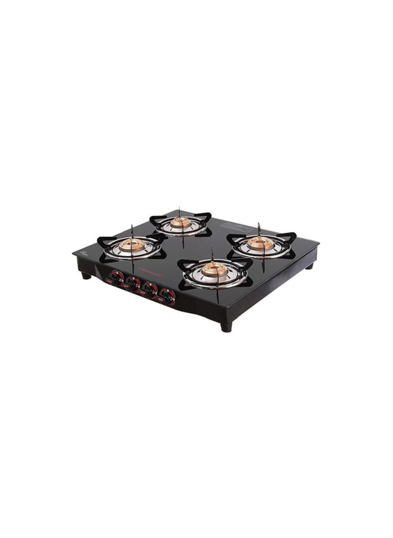 Butterfly Smart 4 Burner Glass Top Gas Stove | Manual Ignition | Scratch Resistant Toughened Glass | Brass Burners | Skid-proof Legs | 1 Year Manufacturer's Warranty | Black