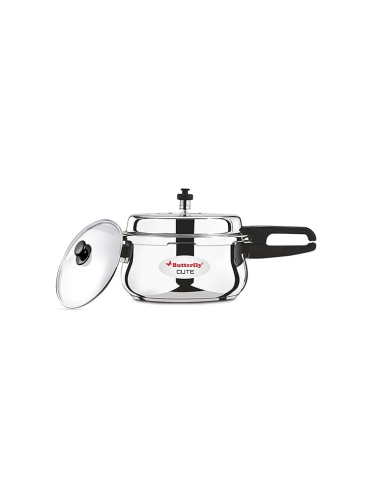 Butterfly Cute Ss Induction Compatible Outer Lid Stainless Steel Pressure Cooker With Glass Lid 2 liter, Silver