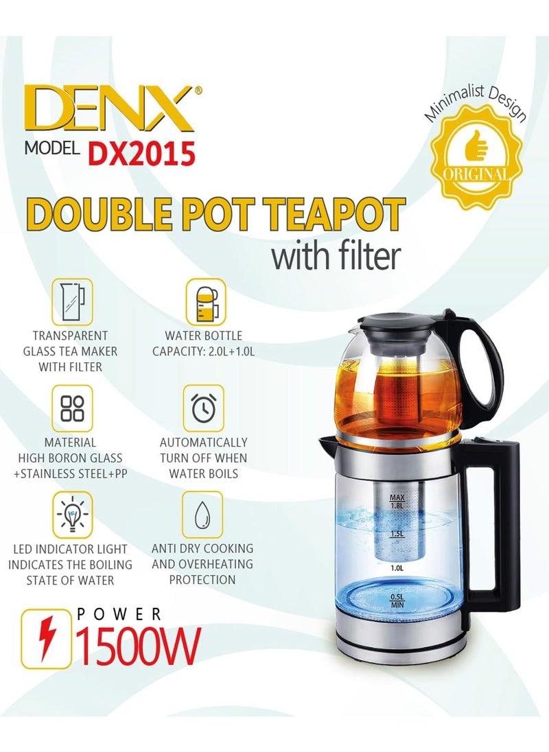 DENX2015 Electric Glass Kettle, 1.8L Capacity, 1500W Power, Temperature Control, Automatic Shut-Off, Blue LED Light