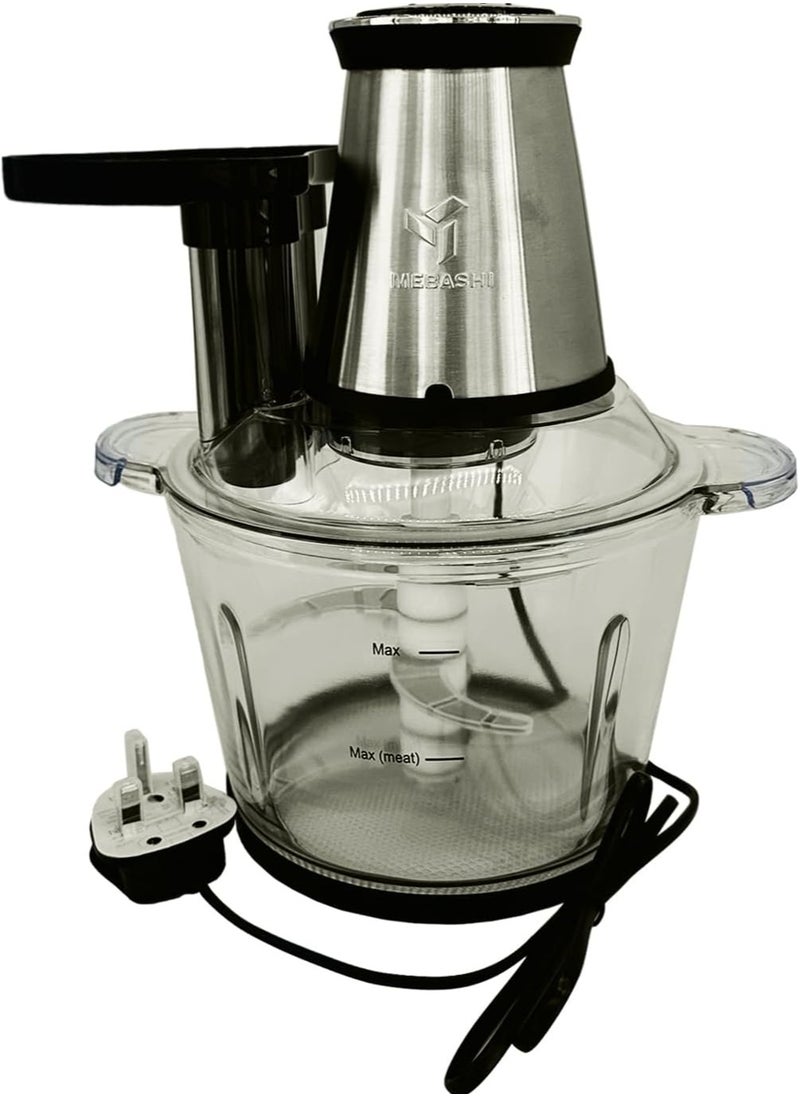 MEBASHI Japan 3L Electric Food Chopper | Meat Processor, 2 Speeds, 500 Watts, Quad Blades, Black-Silver (ME -CH4001)