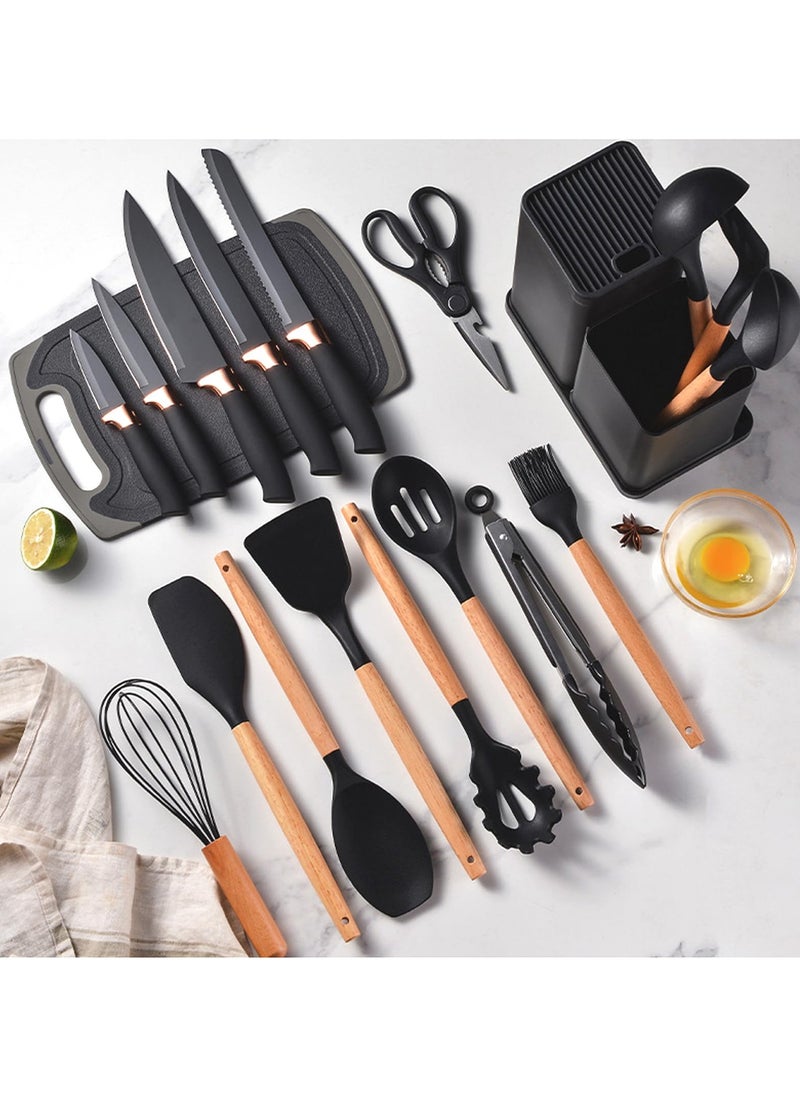 19 PCS Cooking Utensils Set - Heat Resistant Silicone Spatula Set, 6-Piece Sharp Knife Set, 2 Cutting Boards, and More - Complete Black Kitchen Tool Set