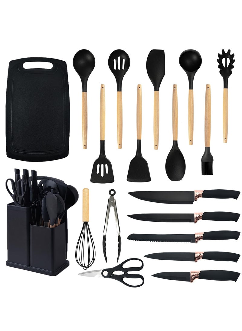 19 PCS Cooking Utensils Set - Heat Resistant Silicone Spatula Set, 6-Piece Sharp Knife Set, 2 Cutting Boards, and More - Complete Black Kitchen Tool Set