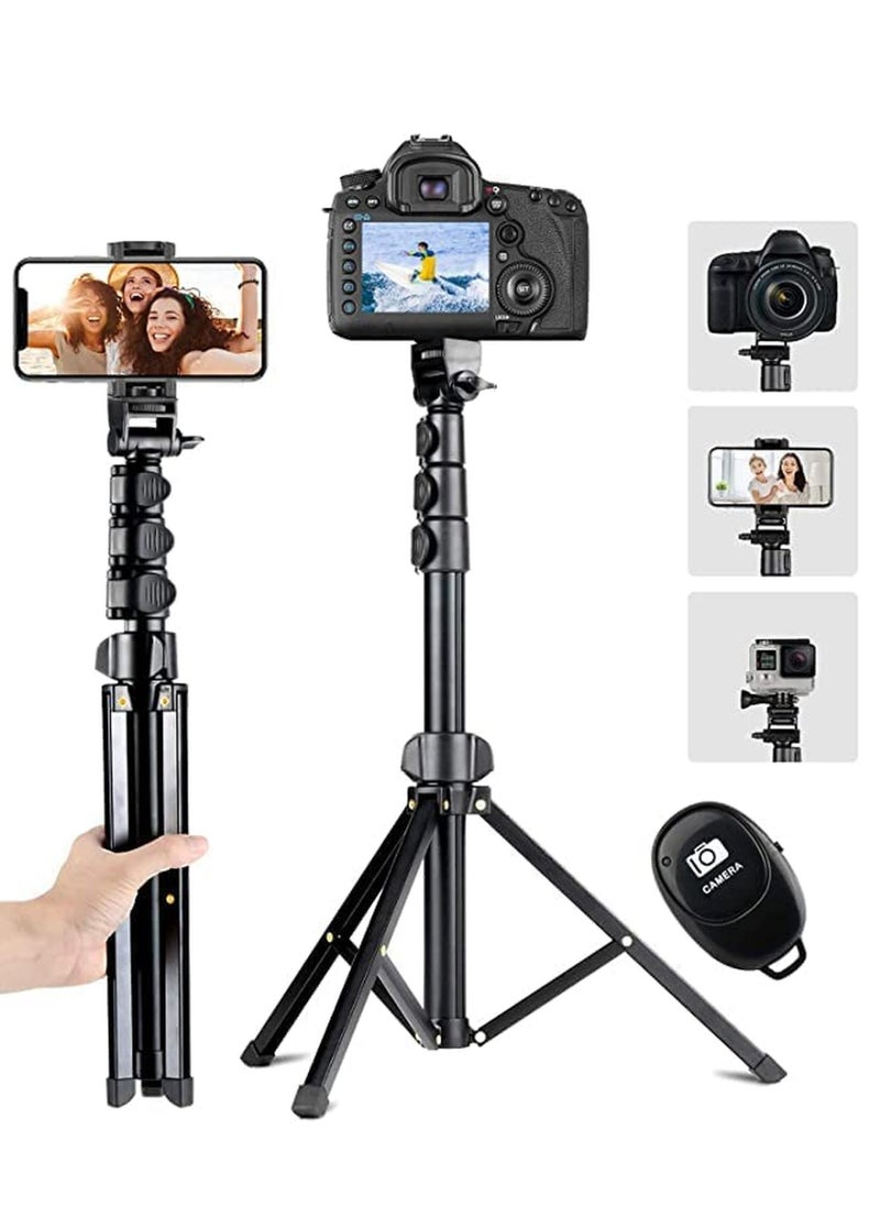 Extendable Selfie Stick Tripod Stand with Bluetooth Remote for iPhone Android Phone, Universal Phone Clip, Heavy Duty Aluminum, Compatible with Small Camera Black