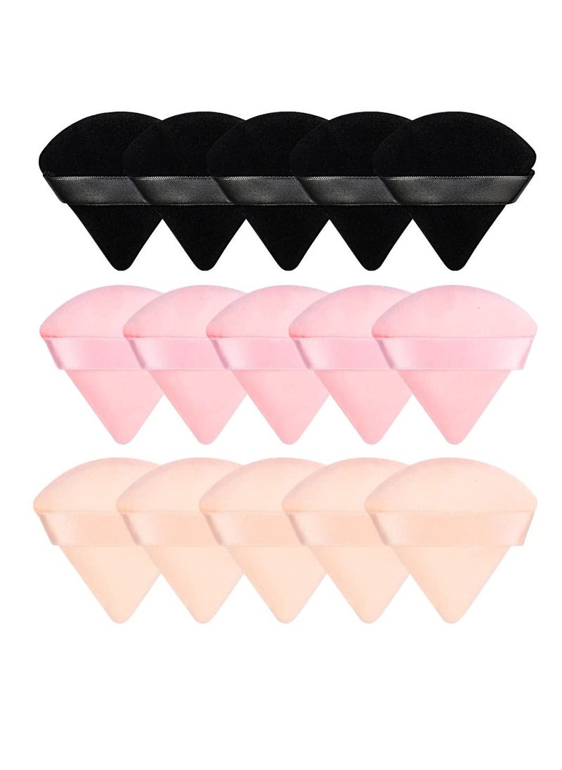 Pimoys 15 Pieces Powder Puff Face Soft Triangle Makeup Velour Puff, Beauty Sponge for Loose Powder and Cosmetic Foundation, Blender Makeup Tool (Black, Pink, Flesh)