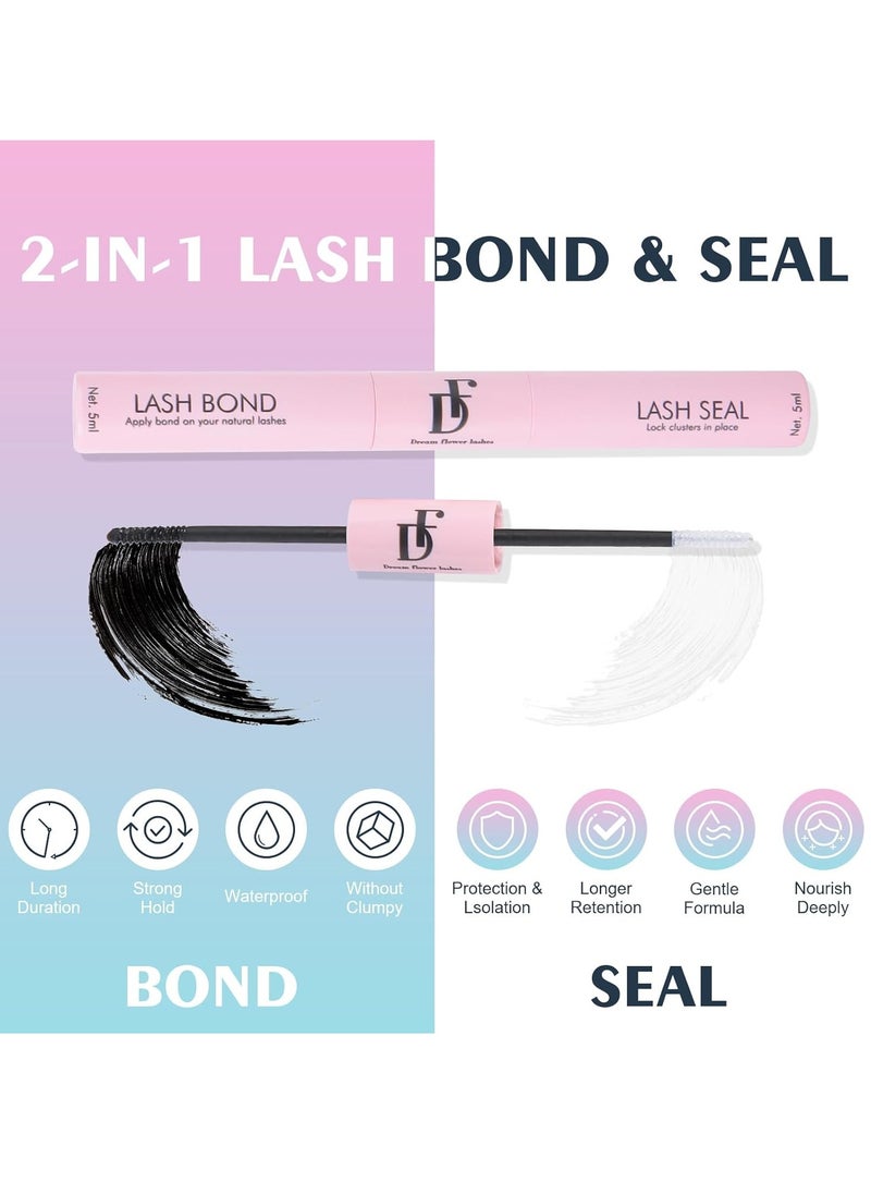 Lash Glue Waterproof Lash Bond and Seal, Eyelash Glue for Lash Clusters Long Lasting DIY Lash Extension Glue, Bond and Seal Lash Glue Over 80 Hours Black Bond & Clear Seal (5ml+5ml)