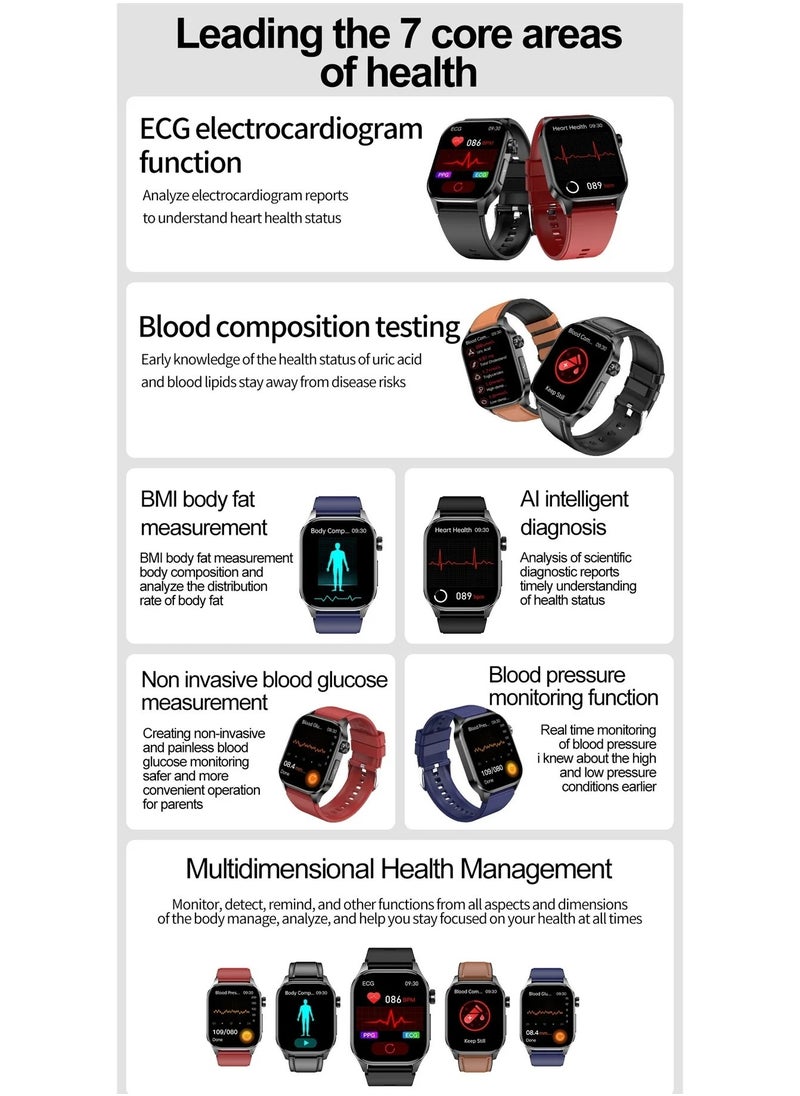 Smartwatch with Non-Invasive Blood Sugar Measurement Health Monitoring for Men Blood Pressure Heart Rate Outdoor Sports Large Square Screen