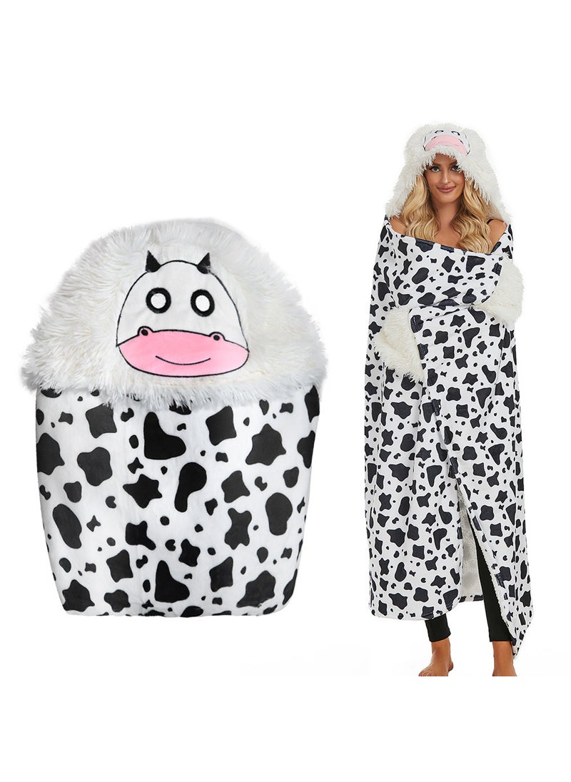 Cute Cartoon Sloth Hoodie Blanket with Gloves Fleece D51-black and white cow