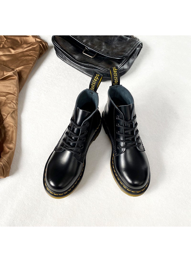 Retro Low-Heel Leather Martin Boots Black
