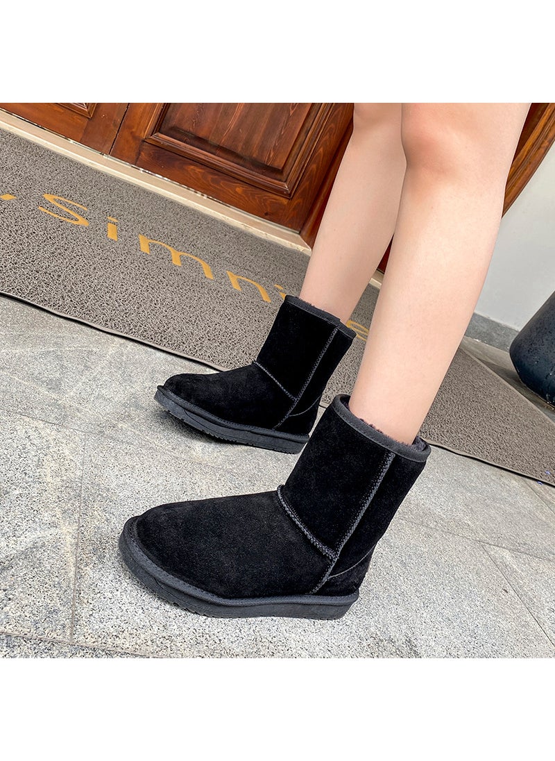 2024 Womens Leather Snow Boots Comfortable Warm Winter Flat Black