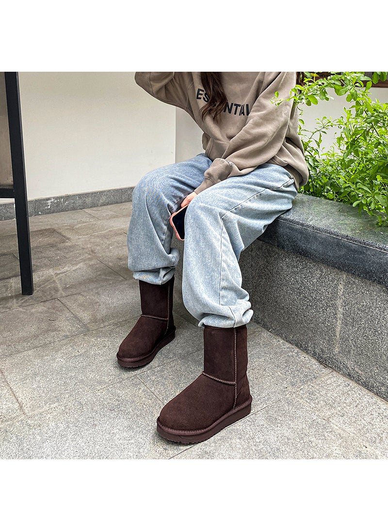 2024 Womens Leather Snow Boots Comfortable Warm Winter Flat CHECOLATE