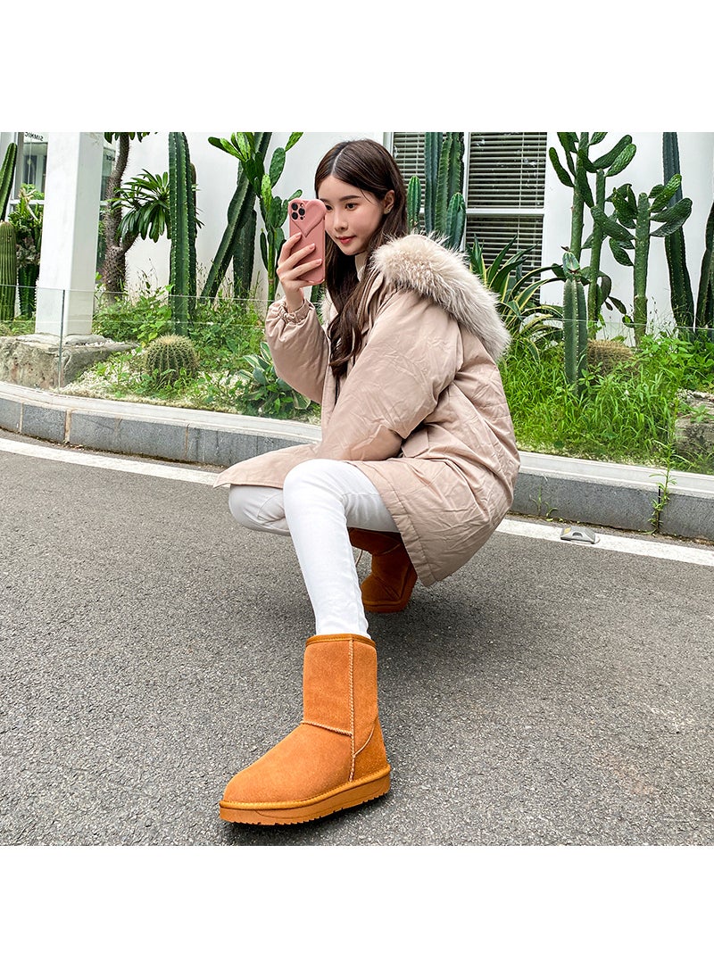 2024 Womens Leather Snow Boots Comfortable Warm Winter Flat CHESTNUT