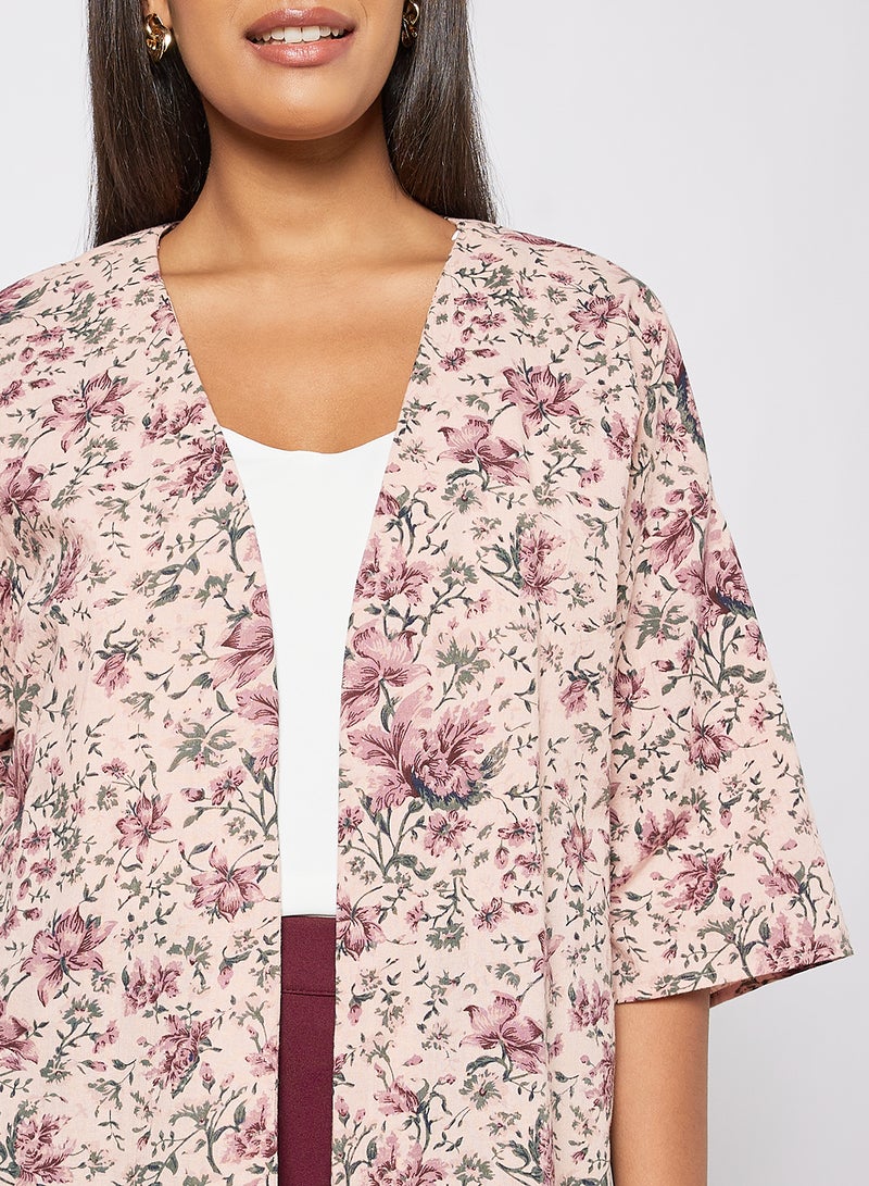 Floral Short Kimono Beige