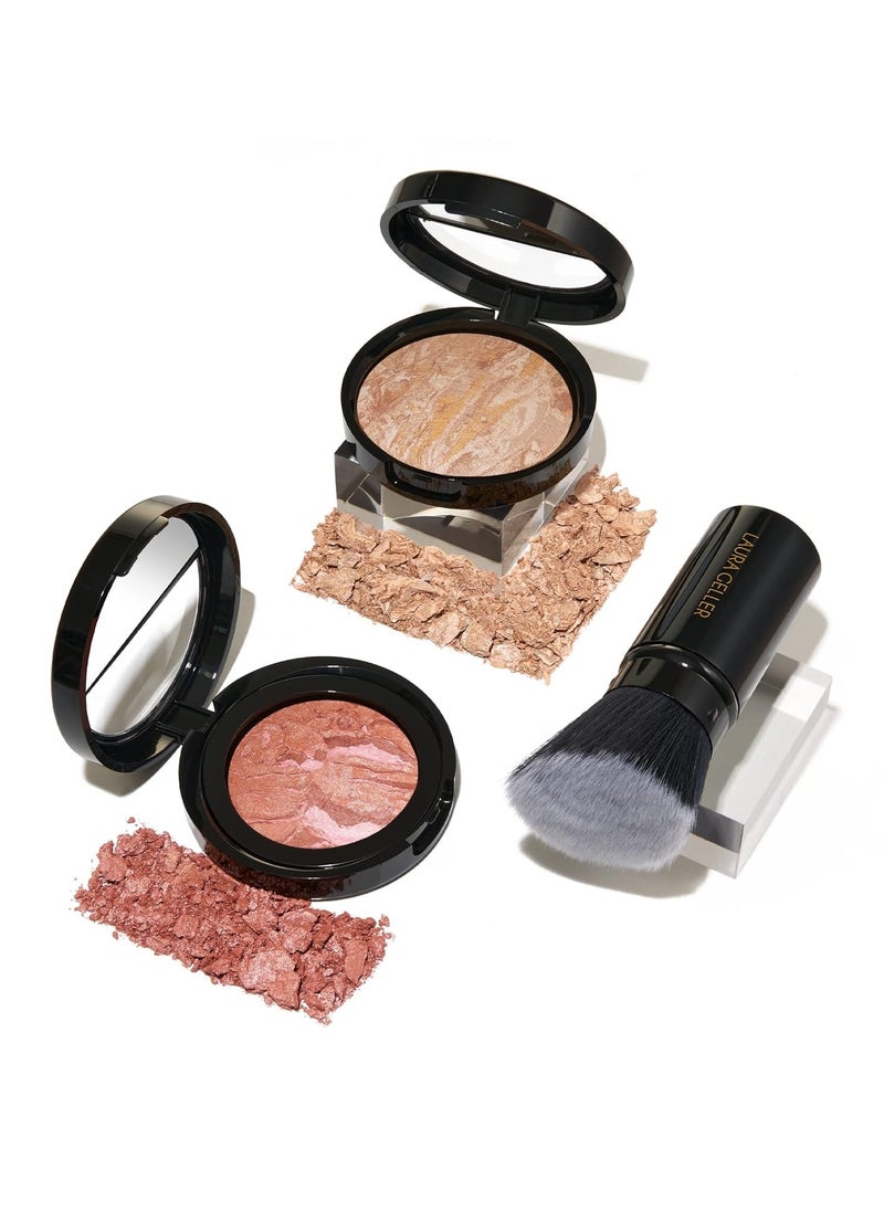 LAURA GELLER NEW YORK Blush-n-Glow Kit (3 PC): Baked Balance-N-Glow Illuminating Powder Foundation, Fair + Retractable Kabuki Brush + Baked Blush-N-Brighten, Pink Grapefruit