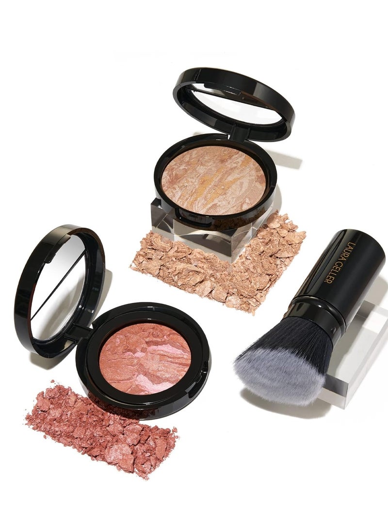 LAURA GELLER NEW YORK Blush-n-Glow Kit (3 PC): Baked Balance-N-Glow Illuminating Powder Foundation, Fair + Retractable Kabuki Brush + Baked Blush-N-Brighten, Pink Grapefruit