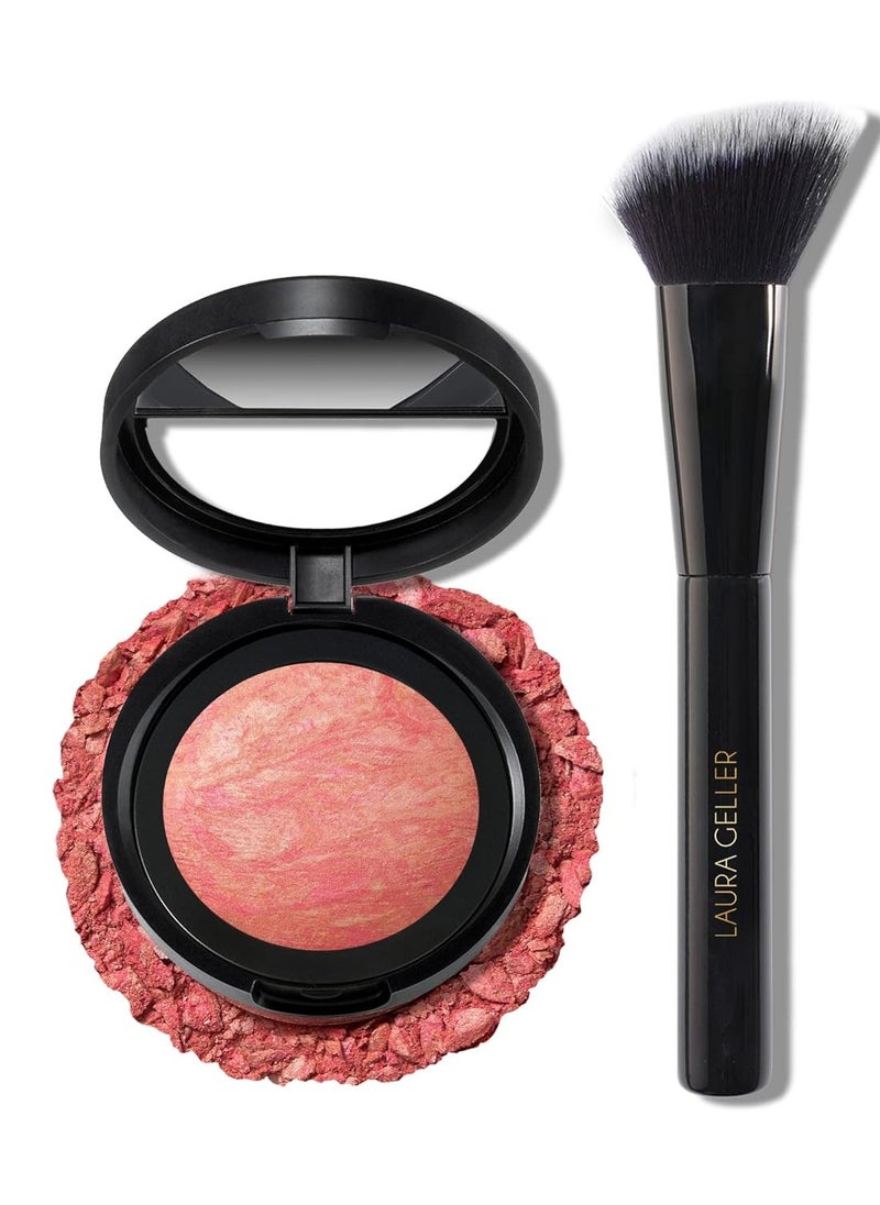 LAURA GELLER NEW YORK Baked Blush-n-Brighten Marbleized Blush + Angled Blush Brush (03 Coral Cove, 47mm)