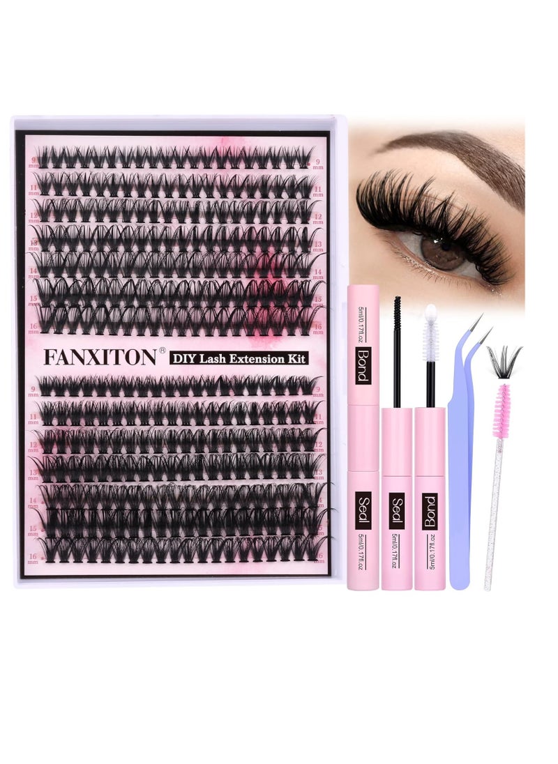 FANXITON DIY Lash Extension Kit Volume Lash Clusters 40D+50D D Curl Individual Lashes Lash Clusters Kit Thick Eyelash Extension Kit 280 pcs Thin Band Cluster Lashes Lash Bond and Seal Lash Tweezers