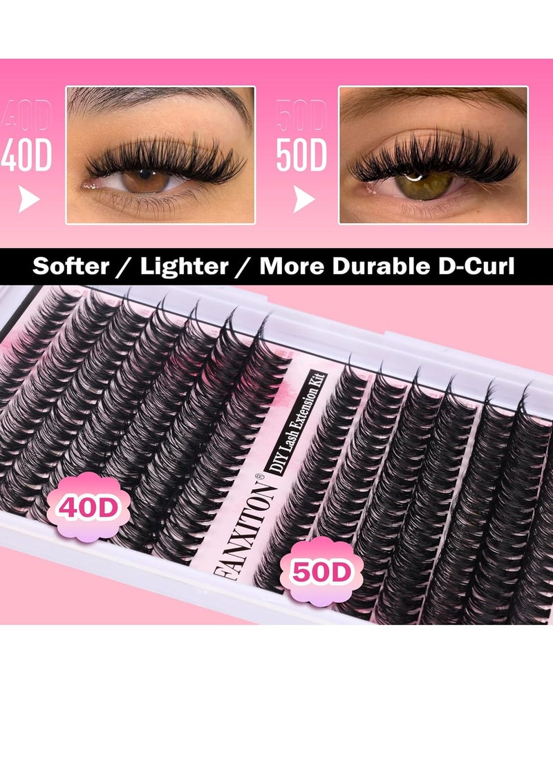 FANXITON DIY Lash Extension Kit Volume Lash Clusters 40D+50D D Curl Individual Lashes Lash Clusters Kit Thick Eyelash Extension Kit 280 pcs Thin Band Cluster Lashes Lash Bond and Seal Lash Tweezers