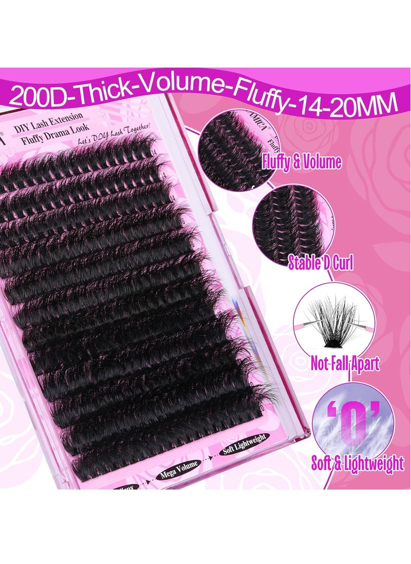 Yawamica Fluffy Lash Clusters Thick 200D Volume Eyelash Clusters 14-20mm Wispy Individual Lashes D Curl Cluster Eyelash Extensions 240pcs DIY Lash Extension for Beginners