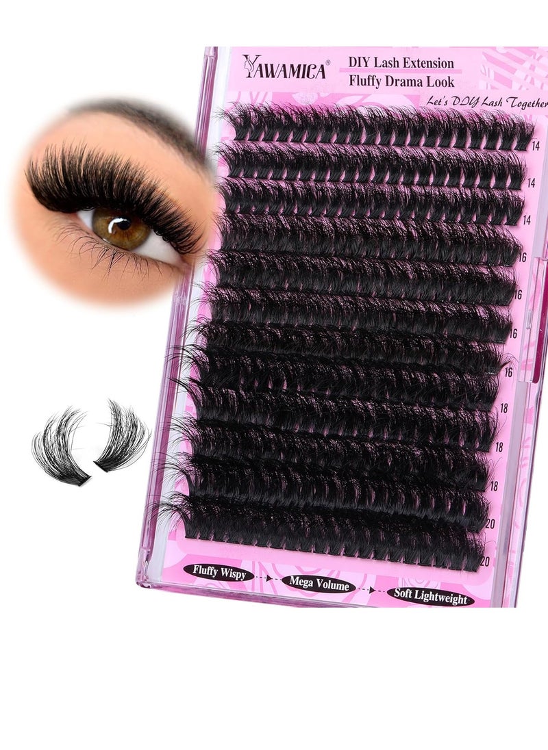 Yawamica Fluffy Lash Clusters Thick 200D Volume Eyelash Clusters 14-20mm Wispy Individual Lashes D Curl Cluster Eyelash Extensions 240pcs DIY Lash Extension for Beginners