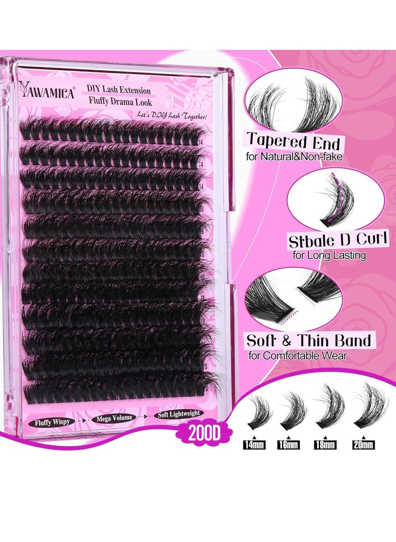 Yawamica Fluffy Lash Clusters Thick 200D Volume Eyelash Clusters 14-20mm Wispy Individual Lashes D Curl Cluster Eyelash Extensions 240pcs DIY Lash Extension for Beginners