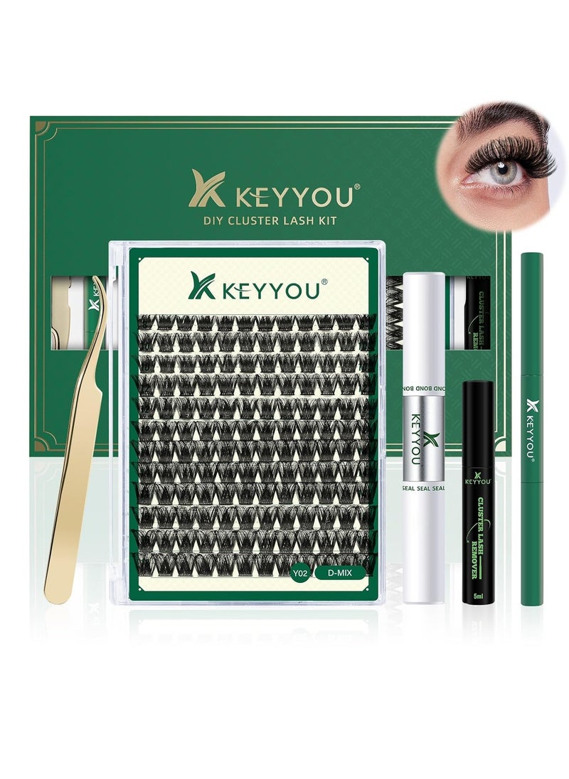 DIY Lash Extension Kit KEYYOU 144pcs Lash Clusters Eyelash Extension Kit with Mascara Brush Bond and Seal Lash Glue Remover Lash Applicators Lash Brush Clean Pad for DIY Lash Extensions (Y02 Kit)