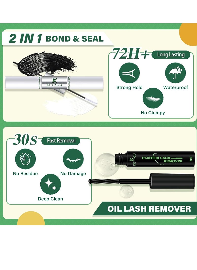 DIY Lash Extension Kit KEYYOU 144pcs Lash Clusters Eyelash Extension Kit with Mascara Brush Bond and Seal Lash Glue Remover Lash Applicators Lash Brush Clean Pad for DIY Lash Extensions (Y02 Kit)
