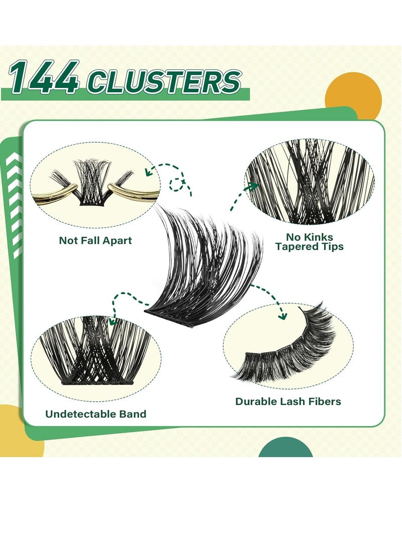 DIY Lash Extension Kit KEYYOU 144pcs Lash Clusters Eyelash Extension Kit with Mascara Brush Bond and Seal Lash Glue Remover Lash Applicators Lash Brush Clean Pad for DIY Lash Extensions (Y02 Kit)