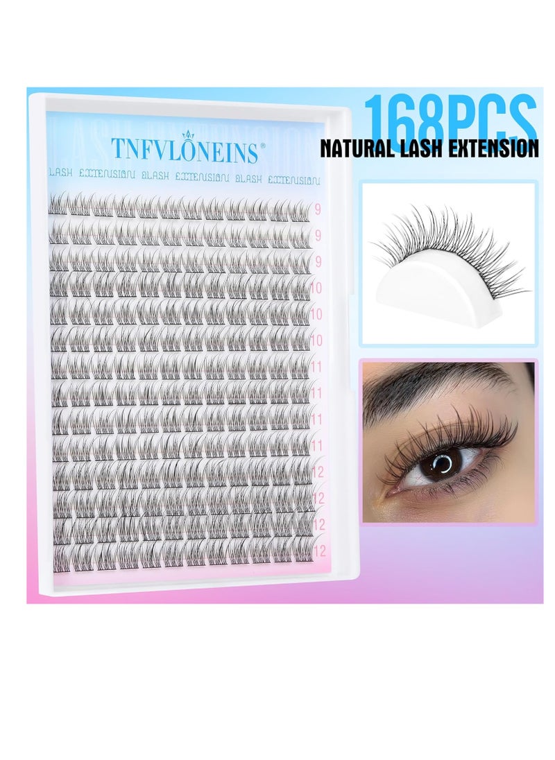 Natural Lash Extension Kit 168Pcs Lash Clusters Kit Wispy Eyelash Extensions 9-12MM Individual Lashes Extensions with Bond and Seal Lash Glue and Eyelash Extension Tweezers DIY at Home by TNFVLONEINS