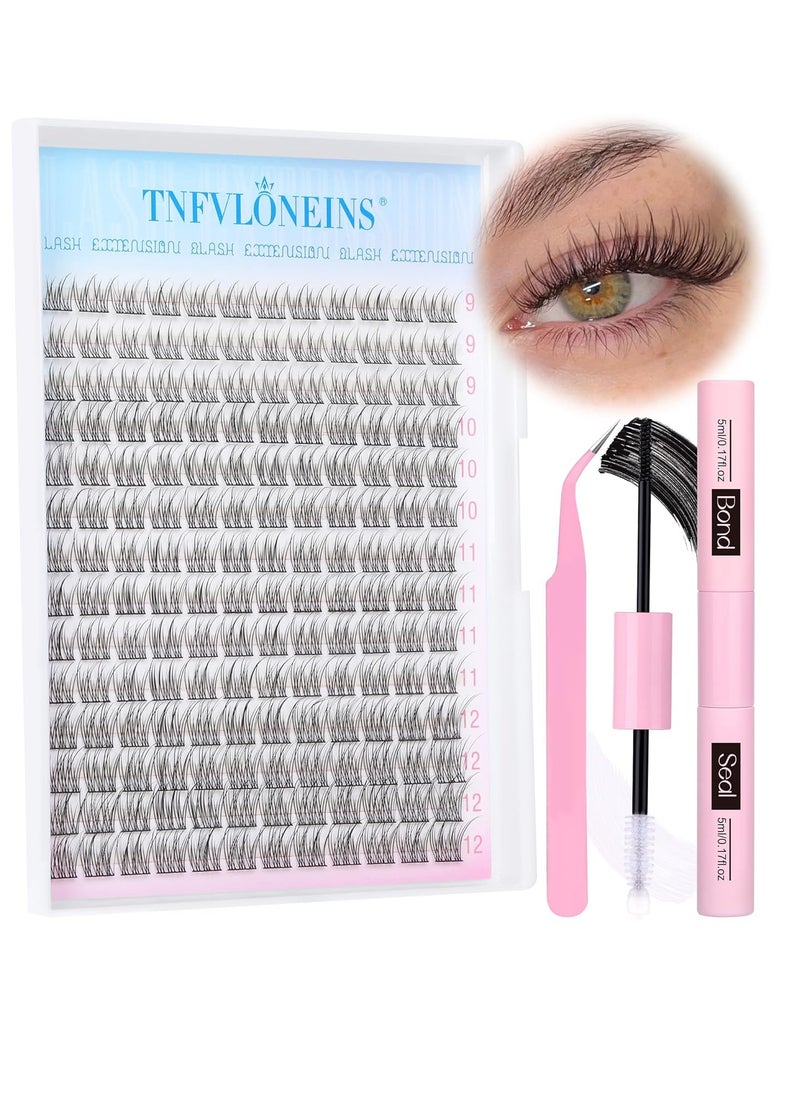 Natural Lash Extension Kit 168Pcs Lash Clusters Kit Wispy Eyelash Extensions 9-12MM Individual Lashes Extensions with Bond and Seal Lash Glue and Eyelash Extension Tweezers DIY at Home by TNFVLONEINS