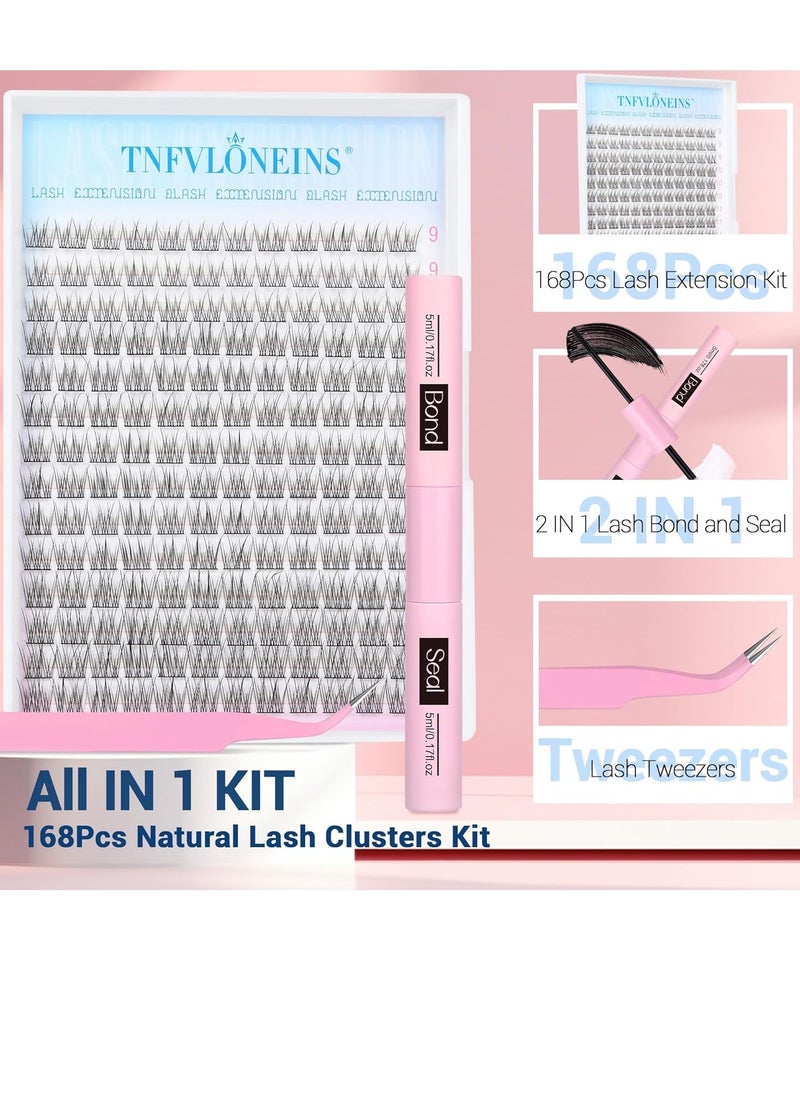 Natural Lash Extension Kit 168Pcs Lash Clusters Kit Wispy Eyelash Extensions 9-12MM Individual Lashes Extensions with Bond and Seal Lash Glue and Eyelash Extension Tweezers DIY at Home by TNFVLONEINS