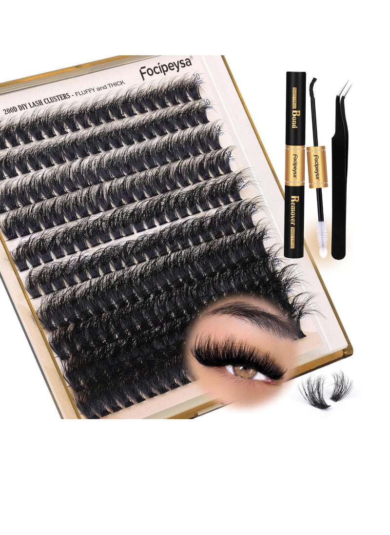 Focipeysa Lash Extension Kit Thick Eyelash Extension Kit 10-18mm Fluffy Lash Clusters 200D Individual Eyelashes Kit with Lash Bond, Lash Remover, Lash Applicator, DIY Lashes Extension