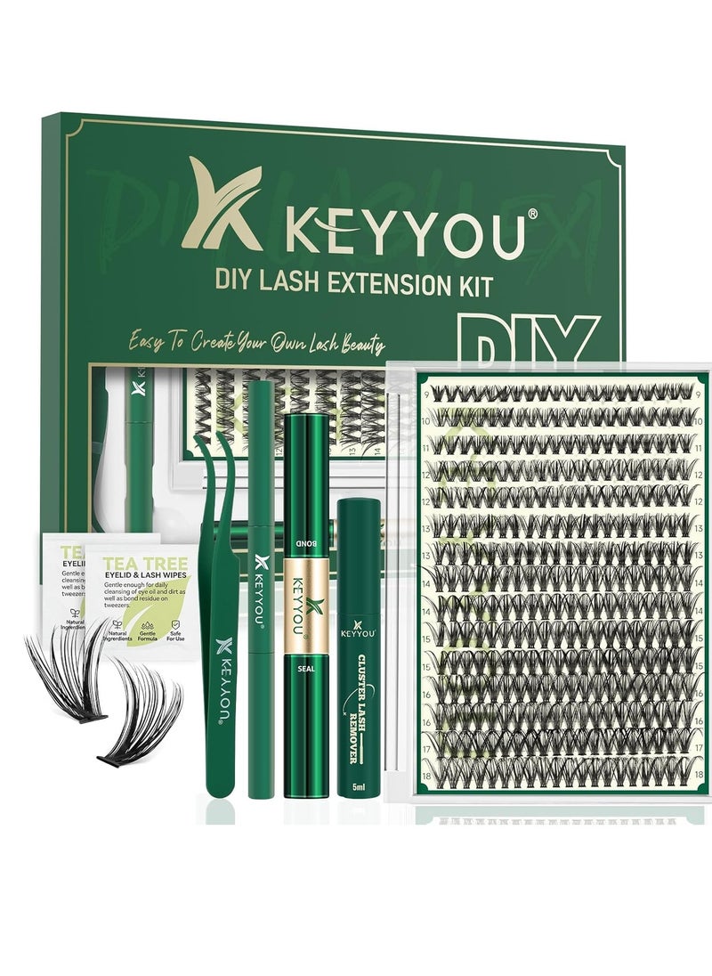 DIY Lash Extension Kit KEYYOU 300Pcs Individual Eyelash Extension Kit 40D 0.07D Curl 9-18MIX Lash Clusters Kit with Lash Glue Remover Applicator Easy to Use for Beginners(Kit-40D-0.07D,9-18MIX)
