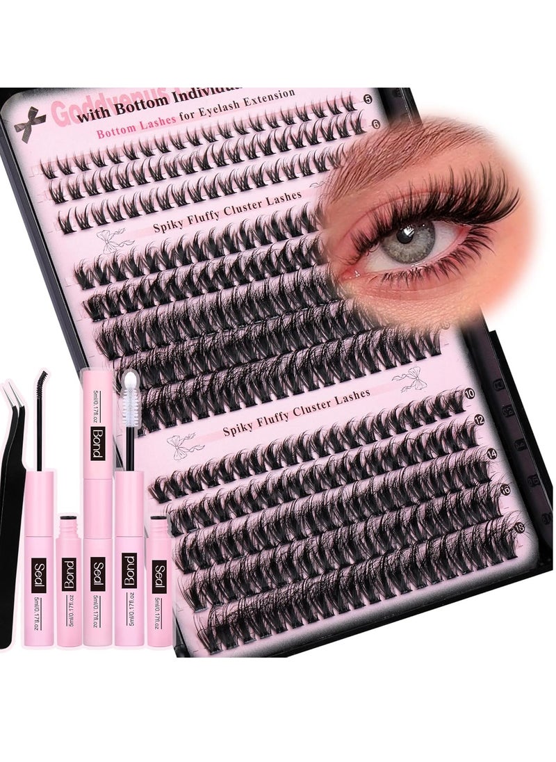 Goddvenus Lash Extension Kit Wispy Lash Clusters Kit Natural C Curl Fluffy Cluster Eyelash Extensions Individual Lashes Kit with Bottom Lash Clusters Waterproof Bond and Seal Tweezers DIY at Home