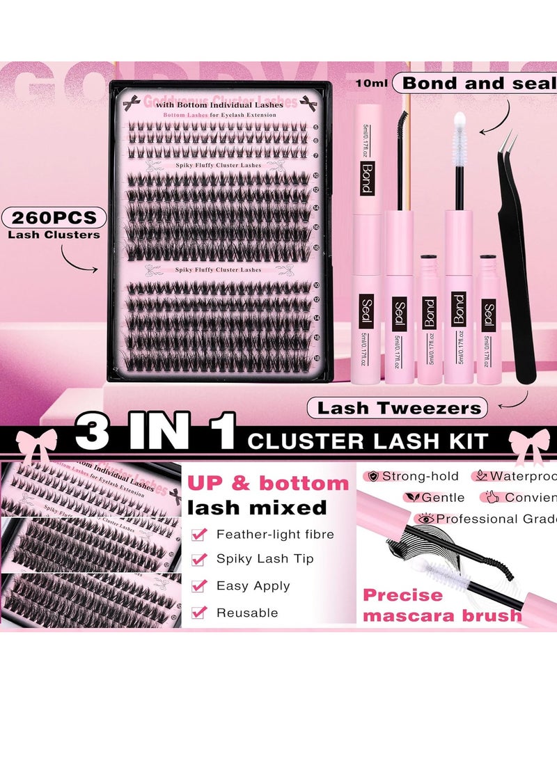 Goddvenus Lash Extension Kit Wispy Lash Clusters Kit Natural C Curl Fluffy Cluster Eyelash Extensions Individual Lashes Kit with Bottom Lash Clusters Waterproof Bond and Seal Tweezers DIY at Home